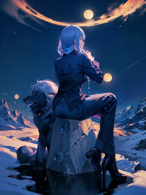 A boy and girl on a mountain top sitting night sky filled with stars looking at , (two moons) , colorful sky, wallpaper, 4k quality,Back view,