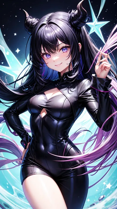 Medium hair girl black hair Demon slayer suit smiling one blue eye with a star and another purple one with a star demon slayer
