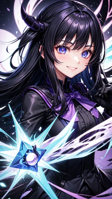 Medium hair girl black hair Demon slayer suit smiling one blue eye with a star and another purple one with a star demon slayer
