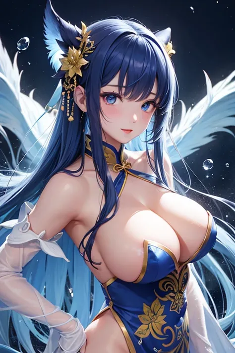 She is touching her clit in her Chinese dress、8K、、Highest quality、Tabletop、ultra HD、Ultra-detailed、so beautiful、Ultra-detailed hair quality、so beautiful、Portrait、Esbian all over、Captivating look、Beautiful woman、Long Blue Hair、blue eyes、Glowing Skin、burstin...