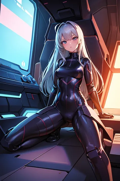 Teenage girl, Linda, wearing combat suit (fully body) provocative bodysuit), breastsout, defined body, anatomical correct, long  hair, high-tech, in a spaceship corridor, best qualityer, 3d, anime styling