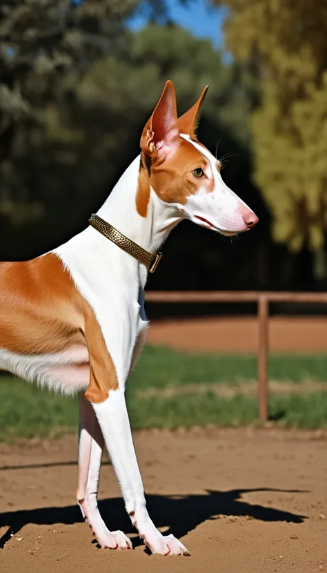 There is no one, realistic photo, photo realism, realism, id(Ibizan Hound), perfect composition, intricate details, Very sharp, masterpiece, profile, high resolution, looking at the viewer, Full body photo in the dog park