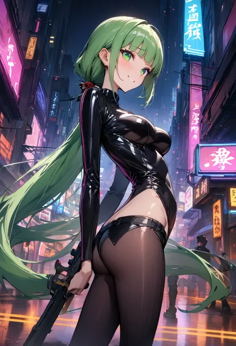 ((masterpiece,Highest quality:1.3)),cowboy shot,1woman,30 year old beauty,独奏,((very small head:1.3)),green hair,(low ponytail),long hair,blunt bangs,green eyes,gorgeous eyes,shy,smile,medium breasts,((very long body:1.2)),((toned body,slender body,skinny))...