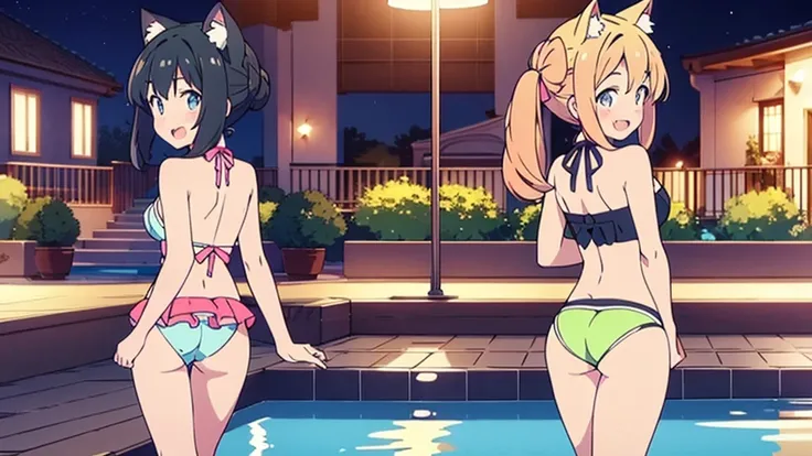 Masterpiece, Best Quality, extremely detailed, cheered up, Cat ears girl ,night pool,high waist bikini,SMILE,:d,action,ass focus