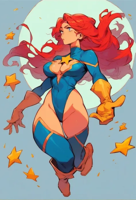 score_9, score_8_up, score_7_up, score_6_up, score_5_up, score_4_up, ((source_anime)), Sexy, Superheroine, Red hair, long hair, busty, ((blue highleg leotard with a t-back thong and a gold star insignia on chest)), gold boots, gold gloves, curvy, ((cleavag...