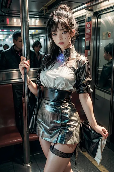 The lower part of the body wears a very short, low-waisted skirt，Attractive woman、The transparent white shirt on the upper body is elegantly draped over her curved figure.,(ultra low waist)、She is standing and coquettishly looking inside the subway train。、...