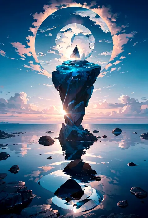 Create a stunning scene where a large mirror is positioned atop a solitary rock amidst a vast ocean. The mirror reflects the expansive sky filled with detailed, billowing clouds, perfectly mirroring their shapes and colors. Below, gentle waves ripple aroun...