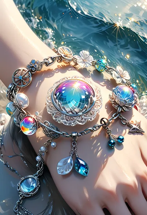 a shiny silver bracelet, on the wrist, marine-themed charms, pearls, transparent colorful beads, delicate thin chain, (best qual...