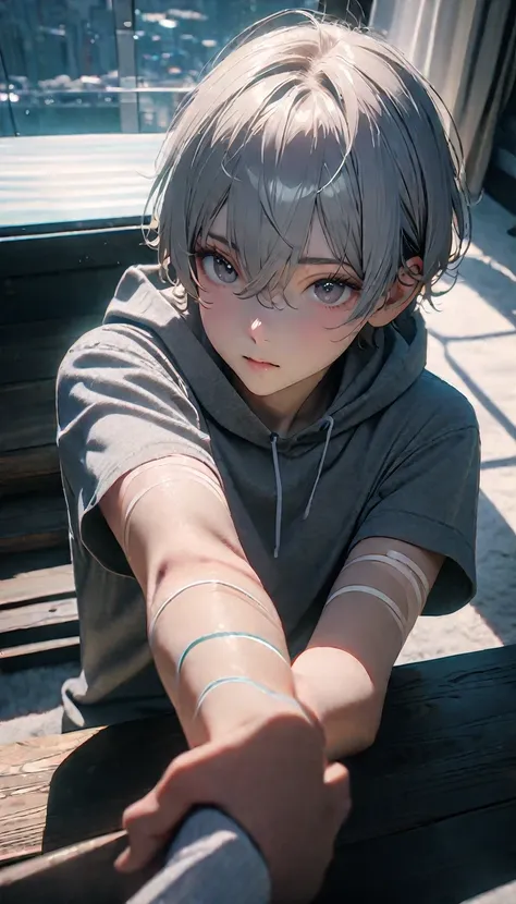 (8K, RAW photos, best quality, masterpiece: 1.4), (((Boy looking at his arm)))，Ultra-high resolution, Extremely detailed, light, closeup of arms, handsome boy, black eyes, (delicate eyes, Eyes are bright:1.2), Gray short hair, Fair skin,dark, Grey sweatshi...