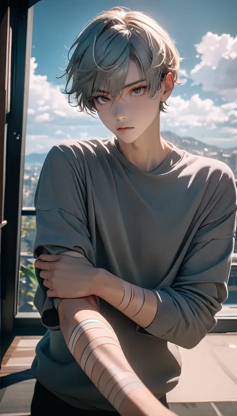 (8K, RAW photos, best quality, masterpiece: 1.4), (((Boy looking at his arm)))，Ultra-high resolution, Extremely detailed, light, closeup of arms, handsome boy, black eyes, (delicate eyes, Eyes are bright:1.2), Gray short hair, Fair skin,dark, Grey sweatshi...