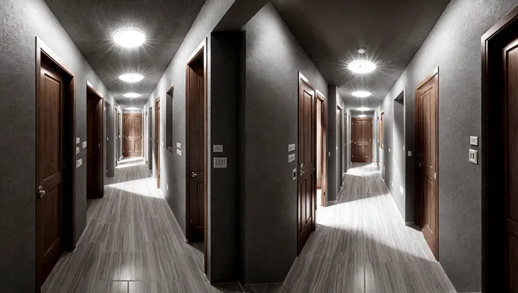 a gray hallway that has two exits. one exit gives a bright light and the other exit gives a more reddish light.