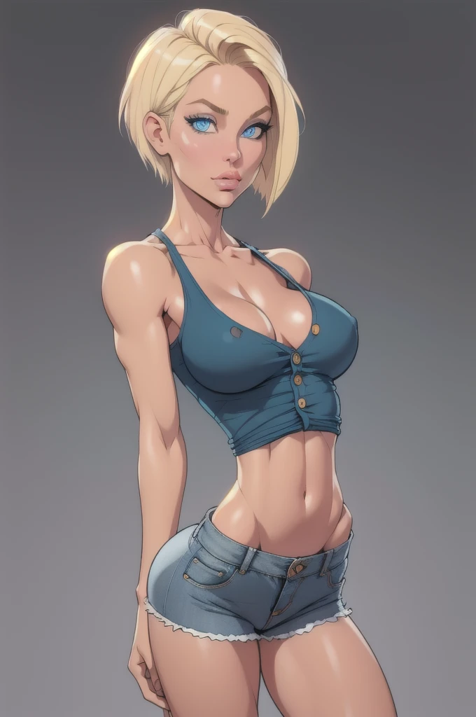 Panel work of art, blue colored eyes, short blonde hair, wearing a tight blue tank top with a low neckline, wearing short, tight denim shorts with the buttons open, defined body, 4K HD image