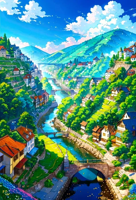 Generate an image of a serene old town nestled in a valley, surrounded by rolling hills and vibrant flowers in full bloom. Above the town, a majestic blimp gracefully floats in the clear blue sky, its colorful design contrasting beautifully with the histor...