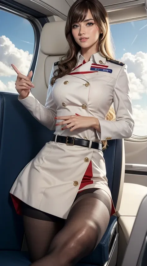 detailed woman face looking at camera,airline stewardess，airline stewardess，uniform，brown curly hair，bangs， blue eyes, hot red l...