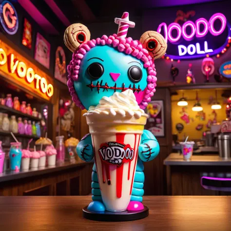 (knitted toy voodoo doll:1.7), (Voodoo Milkshake Minister:1.8), (Clothing: milkshake-themed outfit with straw designs:1.0), (Accessories: glowing milkshake cup, magical whipped cream can, enchanted cherry hat:1.2), (Background: vibrant soda fountain with c...