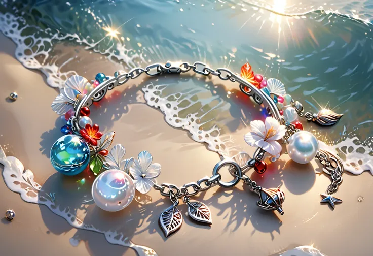 a shiny silver bracelet, on the wrist,  (marine-themed charms:1.2), pearls, transparent colorful beads, delicate thin chain, (be...