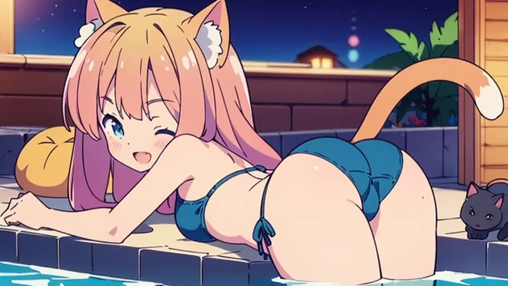 Masterpiece, Best Quality, extremely detailed, cheered up, Cat ears girl ,night pool,high waist bikini,SMILE,:d,action,ass focus