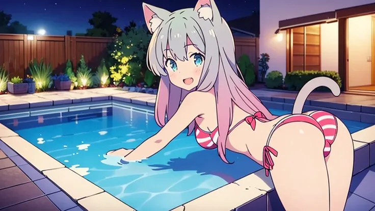 Masterpiece, Best Quality, extremely detailed, cheered up, Cat ears girl ,night pool,high waist bikini,SMILE,:d,action,ass focus