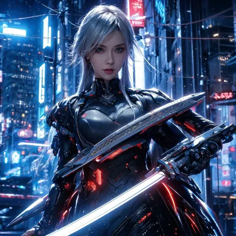 extremely detailed, intricate, cyberpunk style, cinematic composition, vivid colors, vibrant colors, futuristic, antagonist girl, long shiny silver hair, ethereal sword, best quality, sharp focus, Ultra HD, 4k, 8k, concept art, masterpiece