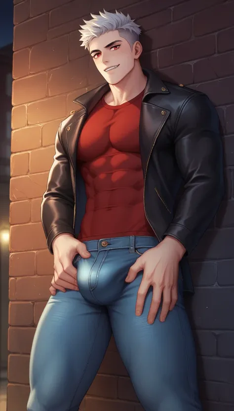 Best quality, masterpiece, intricate details, muscular male vampire, extremely pale skin, red eyes, seductive look, wolfcut blond hair, tight leather jacket and denim jeans, grabs bulge, leaning against brick wall in dimly lit alleyway, at night, gay, homo...