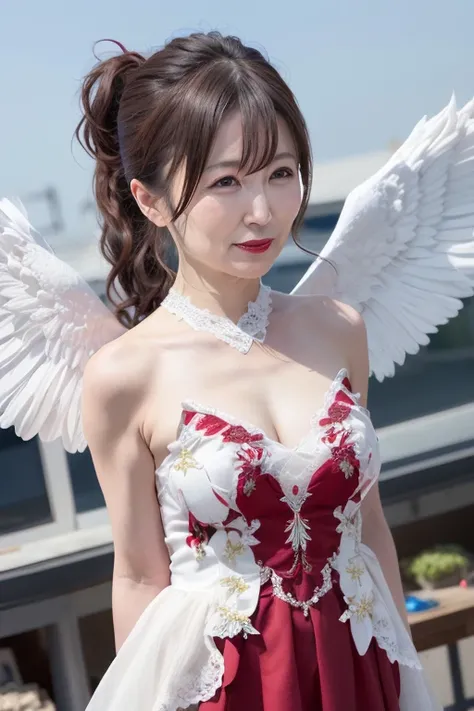 55 year old beautiful mature japanese woman, married woman, slender lines, long eyelashes, red eyes, low ponytail, red lipstick, large bust, angelic outfit, wings, floating, flying, sky, blue sky