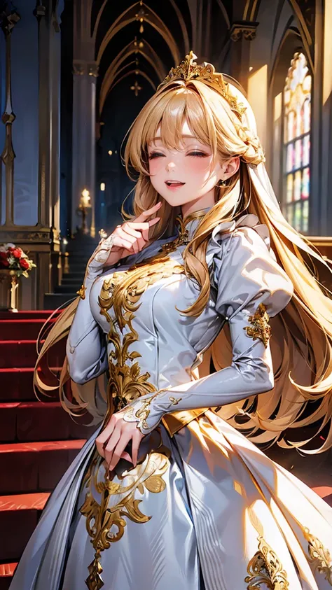 In front of the majestic church altar、（Blurred Background）、Bright light、golden long hair girl、classic white wedding dress、（Elegant luster）、（Lots of races）、Lots of ribbons、((Voluminous puff sleeves))、Long cuffs with lots of buttons、Gold embroidery、Long trai...