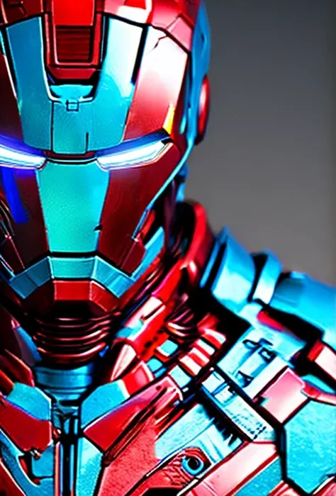 a highly detailed red iron man, beautiful detailed eyes glowing bright blue, intricate metal shell with complex textures and decorations, cinematic dramatic lighting, hyper realist