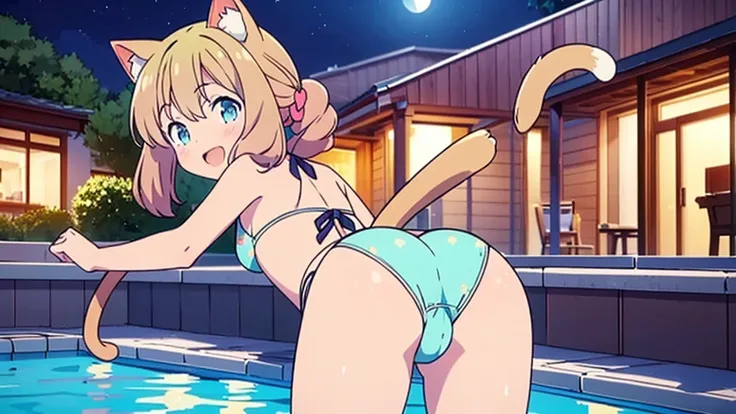 Masterpiece, Best Quality, extremely detailed, cheered up, Cat ears girl ,night pool,high waist bikini,SMILE,:d,action,ass focus