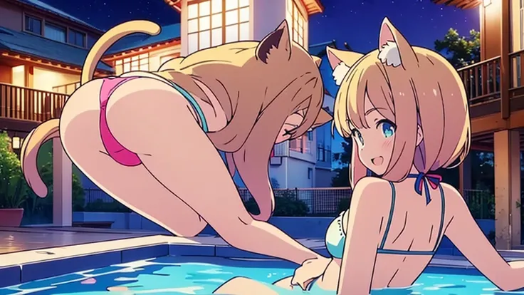 Masterpiece, Best Quality, extremely detailed, cheered up, Cat ears girl ,night pool,high waist bikini,SMILE,:d,action,ass focus