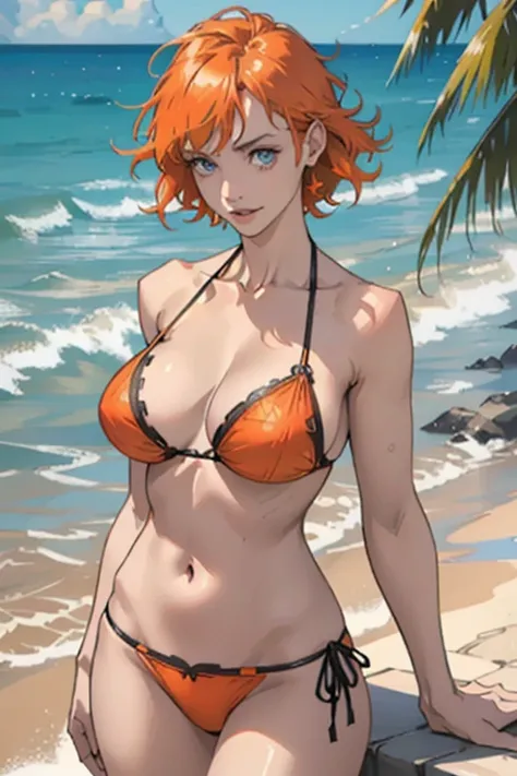 The sea sparkling in the morning sun , (Colorful and sexy girl in orange bikini: 1.2), Dark blue eyes, 1 Girl, 20-year-old,Grin,Big ample breasts,thin,,(Realistic), (Intricate details: 1.2), (Tabletop: 1.3), (Highest quality: 1.4), (Ultra-high resolution: ...