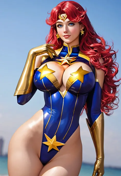 masterpiece,Sexy, Superheroine, Red hair, long hair, busty, ((blue highleg leotard with a t-back thong and a gold star insignia on chest)), gold boots, gold gloves, curvy, ((cleavage cutout))