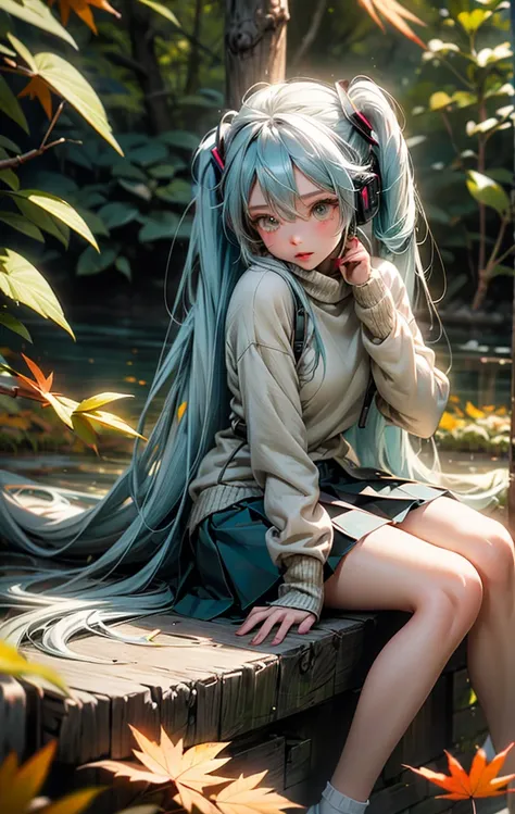 A very cute girl in autumn: white sweater, short brown skirt, Hatsune Miku, sitting falling leaves and a tree