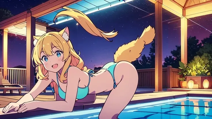 Masterpiece, Best Quality, extremely detailed, cheered up, Chica cat ,night pool,high waist bikini,SMILE,:d,action,ass focus