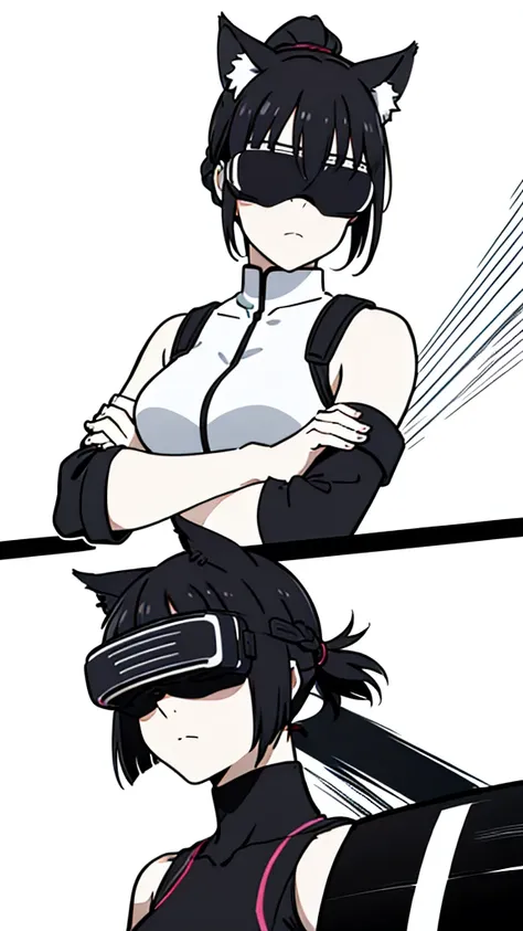 (1girl,20 years old,mature female),solo,angry,black hair,ponytail hair,short hair,fox ears,black bodysuit,sleeveless,(white background,line drawing),from front,crossed arms,head-mounted display