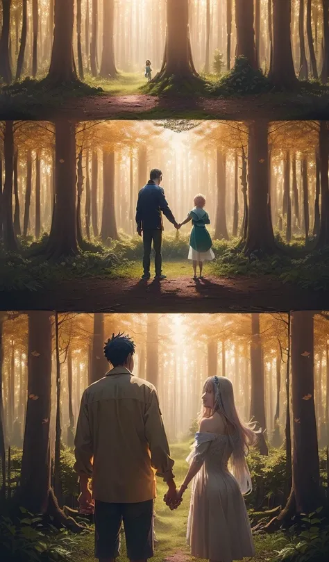 (Anime style:1.5), (highly detailed), (enchanted forest background:1.7), (vibrant colors), (sunlight filtering through trees), (parents leaving two children in the forest with heavy hearts:1.7), (1 boy and 1 girl standing together, holding hands and lookin...