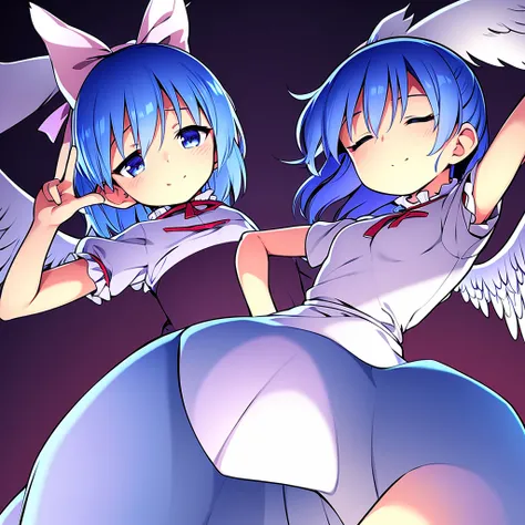 masterpiece, best quality, 1girl, , , 10 years old, medium blue hair, hair flaps, pink ribbon on head, well-formed face, blue eyes, angel girl, white blouse, puffy short sleeves, red ribbon, angel wings, long white skirt, red shoes, frills, ribbon head, fr...