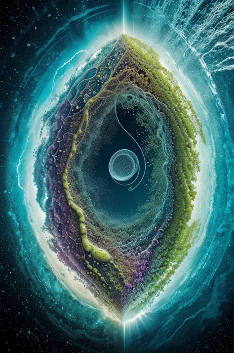 Origin and Evolution of Life:Artwork: Abstract depiction of the primordial soup and the emergence of single-celled organisms. Use organic shapes and soft, flowing lines to symbolize the beginnings of life.