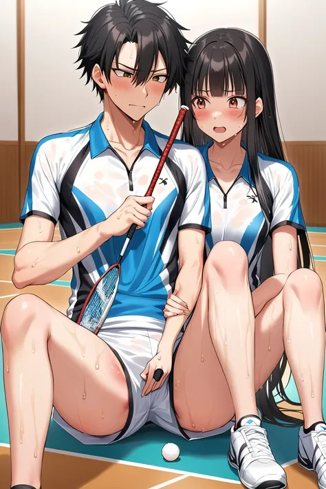 Black hair long straight　Straight Hair　Smooth and straight hair　Straight bangs　Badminton Wear　Badminton match　体にぴったりのBadminton Wear　Stained with sweat　Boy and girl sex