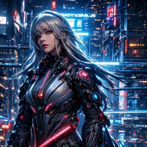 extremely detailed, intricate, cyberpunk style, cinematic composition, vivid colors, vibrant colors, futuristic, antagonist girl, long shiny silver hair, ethereal samurai, best quality, sharp focus, Ultra HD, 4k, 8k, concept art, masterpiece