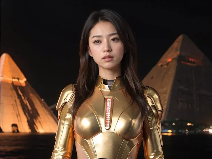 (RAW Photos, Highest quality), (Realistic, Photorealistic:1.3), 1 Girl、Realisticbody、Red and gold battle suit、Pyramid-shaped UFO from outer space、Laser light、look up