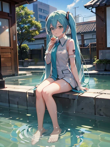 Hatsune Miku in uniform bathes in a footbath in front of the station,The light reflected in the water when you drink 