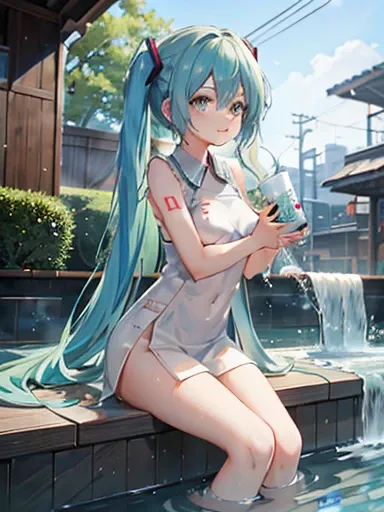 hatsune miku in uniform bathes in a footbath in front of the station,the light reflected in the water when you drink