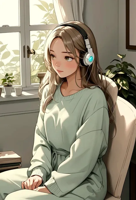 Create a chill and relaxing scene inside a cozy room. The room is softly lit with warm, ambient lighting. In the scene, there is a relaxed girl sitting in a comfortable chair near a window, wearing headphones and enjoying music. The window offers a gentle ...