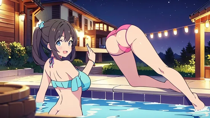 Masterpiece, Best Quality, extremely detailed, cheered up, girl,night pool,high waist bikini,SMILE,:d,action,ass focus