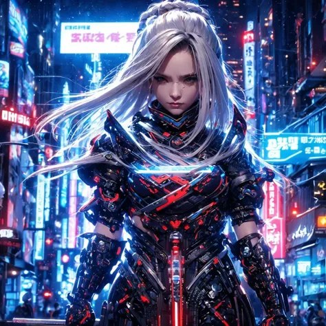 extremely detailed, intricate, cyberpunk style, cinematic composition, vivid colors, vibrant colors, futuristic, antagonist girl, long shiny silver hair, holding an ethereal samurai, best quality, sharp focus, Ultra HD, 4k, 8k, concept art, masterpiece