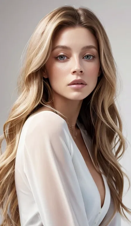 a woman with long hair and a white shirt posing for a picture, Portrait of Sophie Mudd, Brunette with dyed blonde hair, Jodi Bateman, Sydney Sweeney, Daniela Uurig, No makeup, wavy hair, nodded, Ellie Victoria Gale, Bernardini&#39;s Olivia, Sidney Hanson, ...