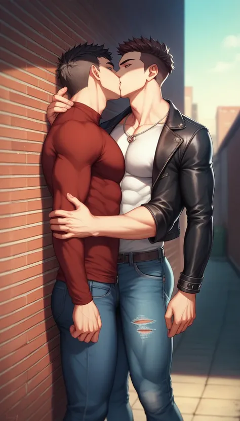 Best quality, masterpiece, intricate details, muscular male vampire, extremely pale skin, red eyes, seductive look, wolfcut blond hair, tight leather jacket and denim jeans, kissing a handsome blond pizza deliveryman, leaning against brick wall in dimly li...