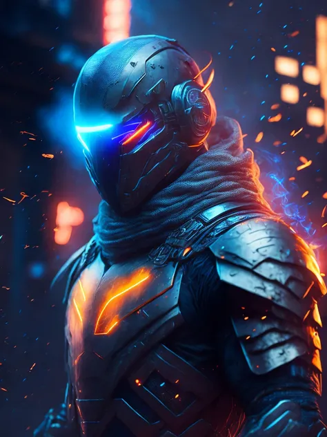 a highly detailed and realistic portrait of Deathstroke, a DC Comics character, in a futuristic and gloomy cityscape at night, with glowing neon lights, smoke, sparks, metal shavings, flying debris, and blue energy effects, creating a dramatic and cinemati...