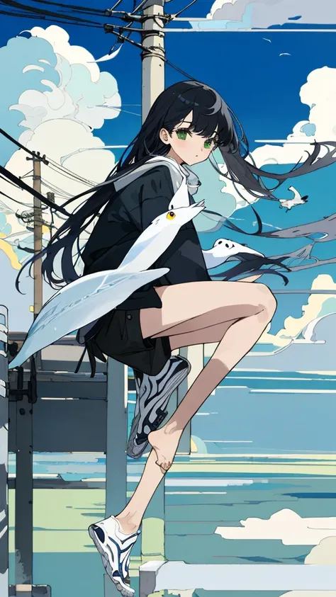 masterpiece, Exquisite detail,Highest quality, One girl, alone, handrail, cloud, 立ってnullを見上げている,Long Hair, shoes, null, Long sleeve, sneakers, Power lines, White footwear, Black Hair, View your viewers, Electric pole, bangs, cloudy null, fish, bird, Green ...