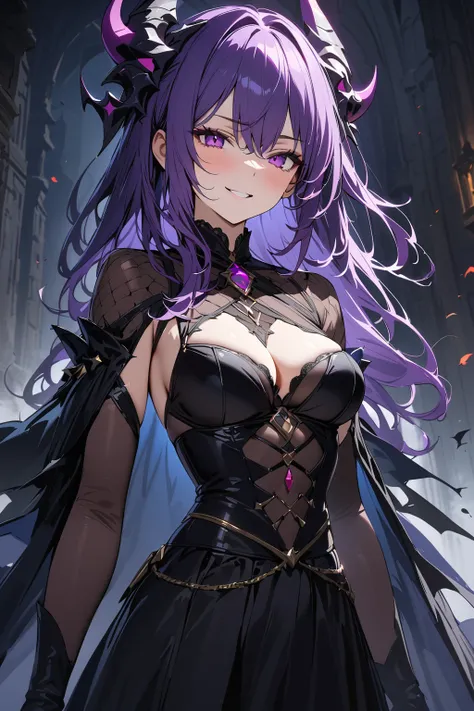 (masterpiece, best quality:1.5), (ultra detailed, high resolution, 8k, beautiful detailed, UHD, best anatomy), purple hair, medium breasts, devil king, Castle of the Demon King, dark night, eerie, ominous, Eerie Smile, madness, the supremacy of a devil kin...